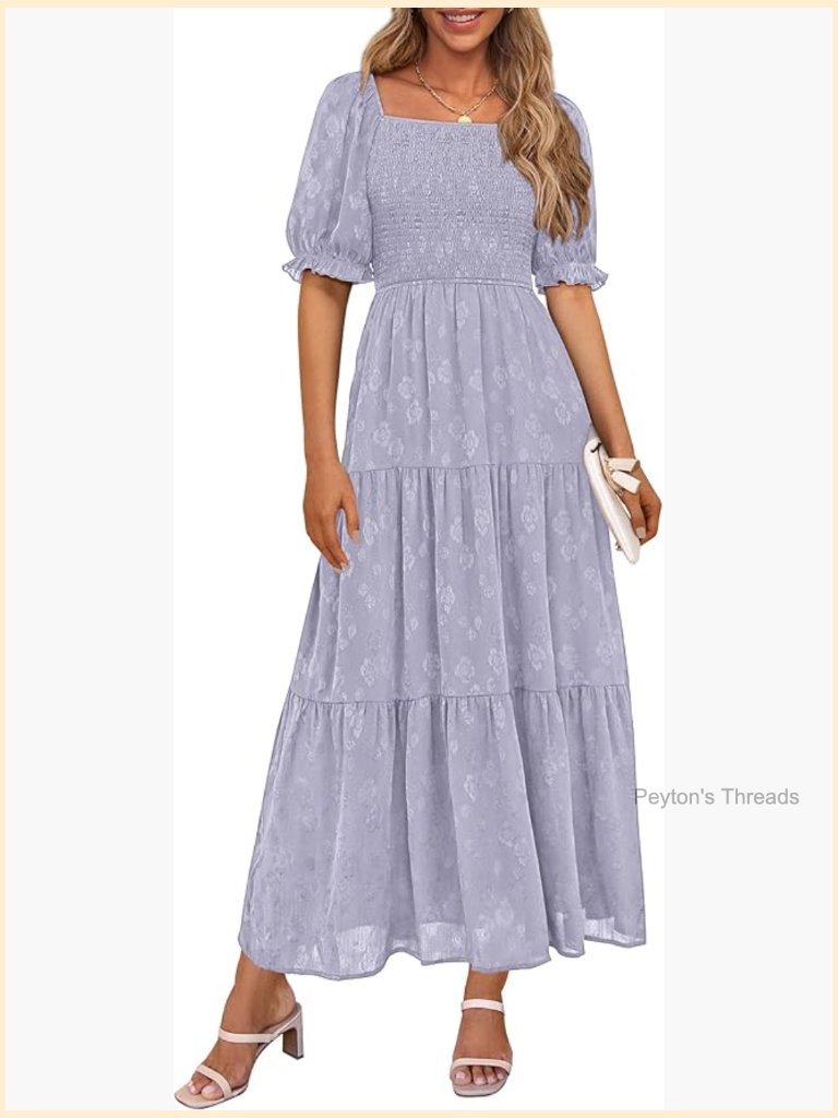 Square Neck Short Sleeve Smocked A-Line Flowy Midi Dress With Pockets